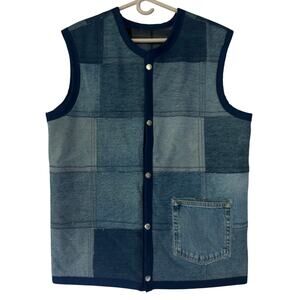 Handmade denim patchwork fleece lined vest Cottagecore boho Jean fall winter XL